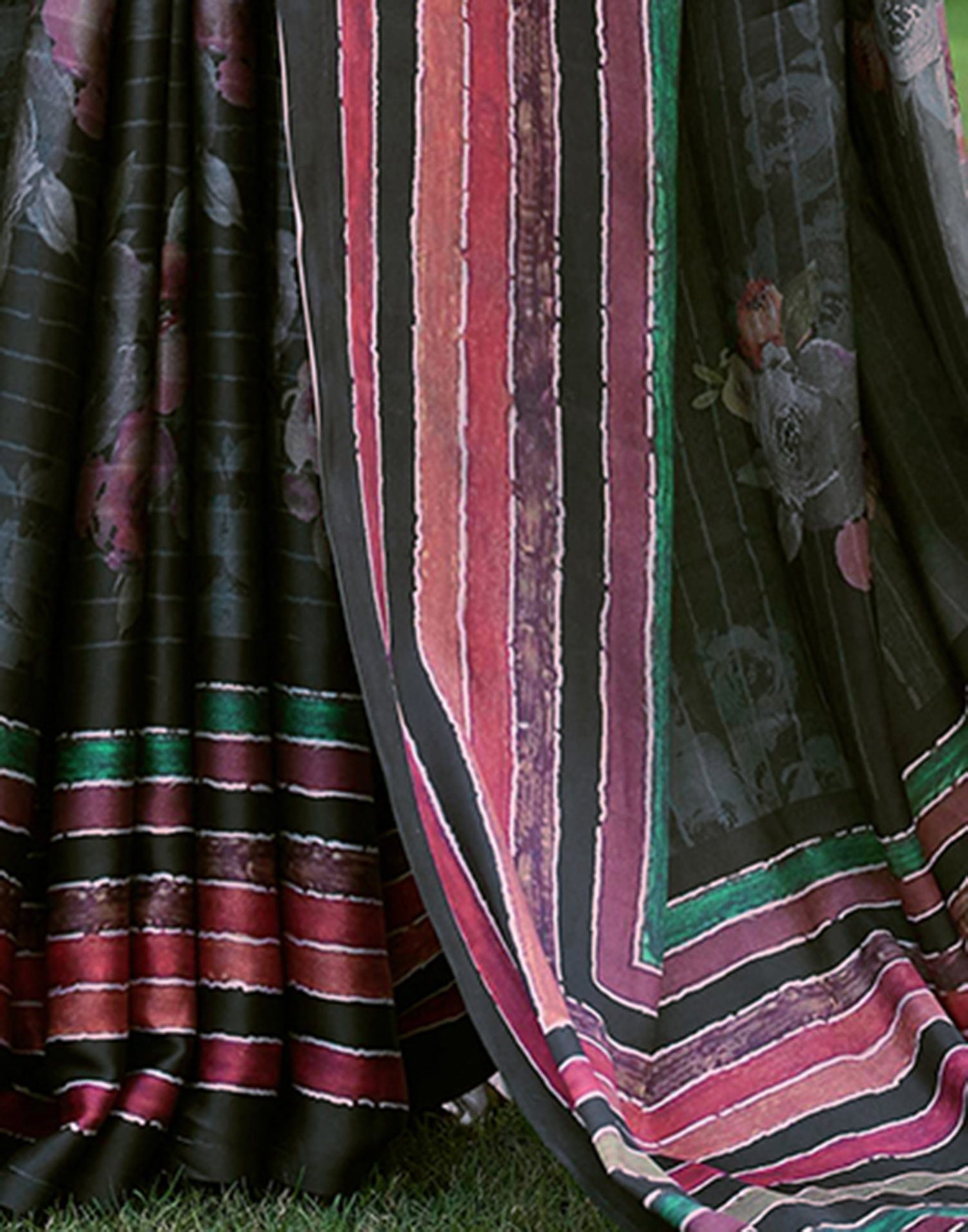 Black Satin Floral Printed Saree