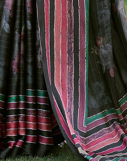 Black Satin Floral Printed Saree