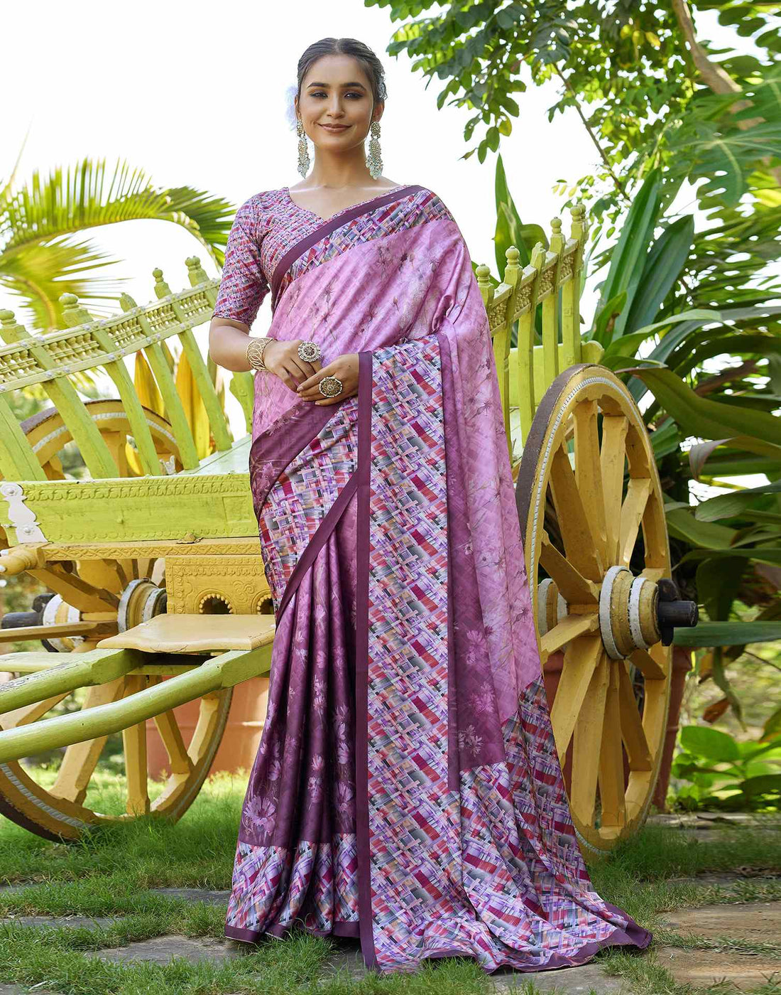 Pink Satin Floral Printed Saree