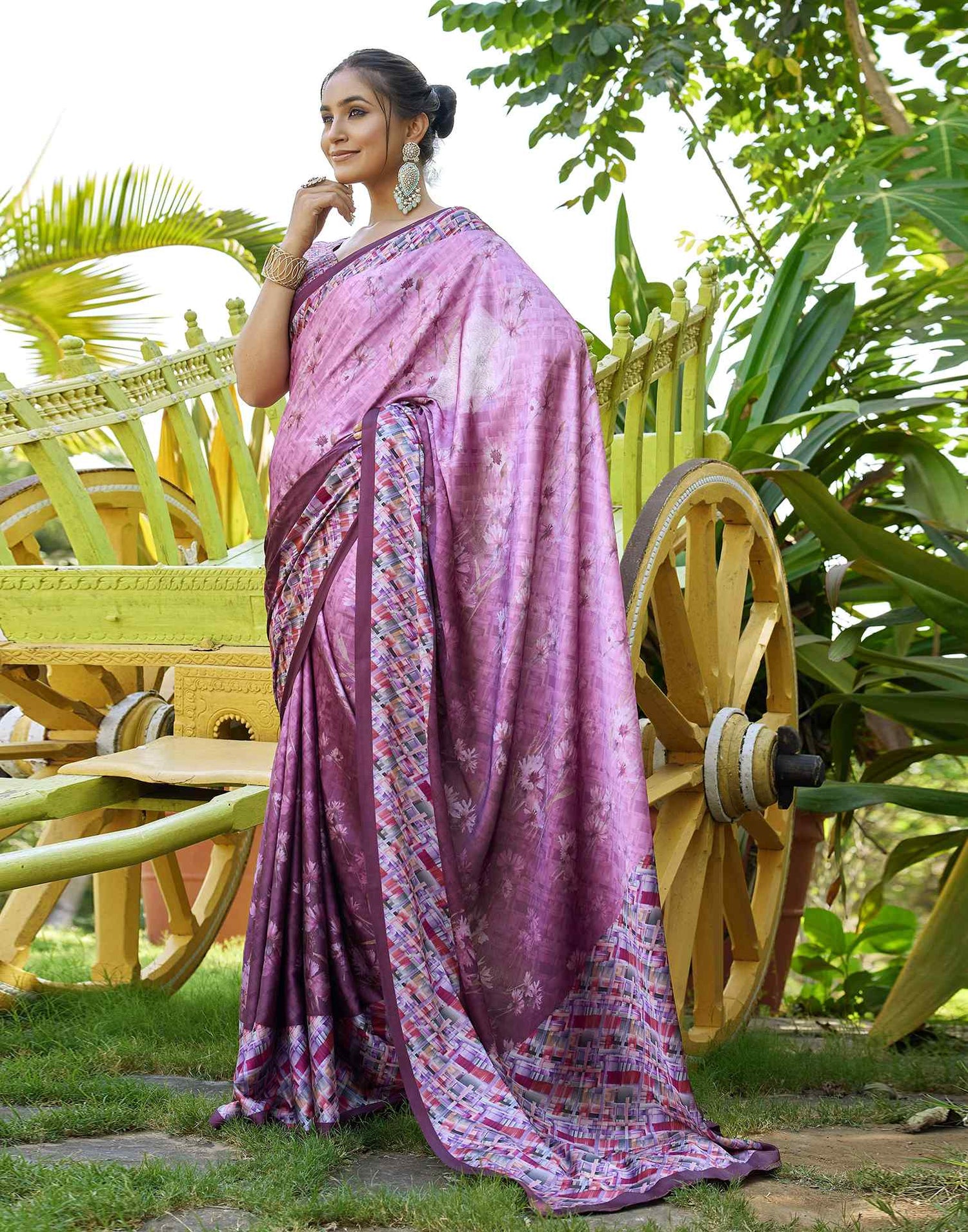 Pink Satin Floral Printed Saree