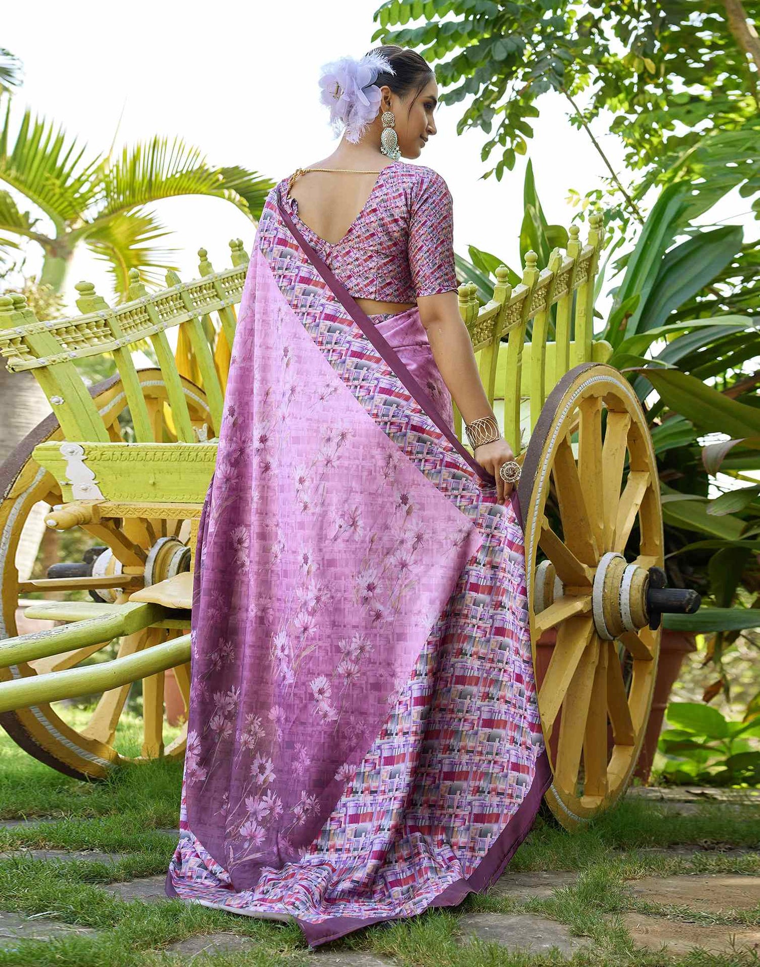 Pink Satin Floral Printed Saree