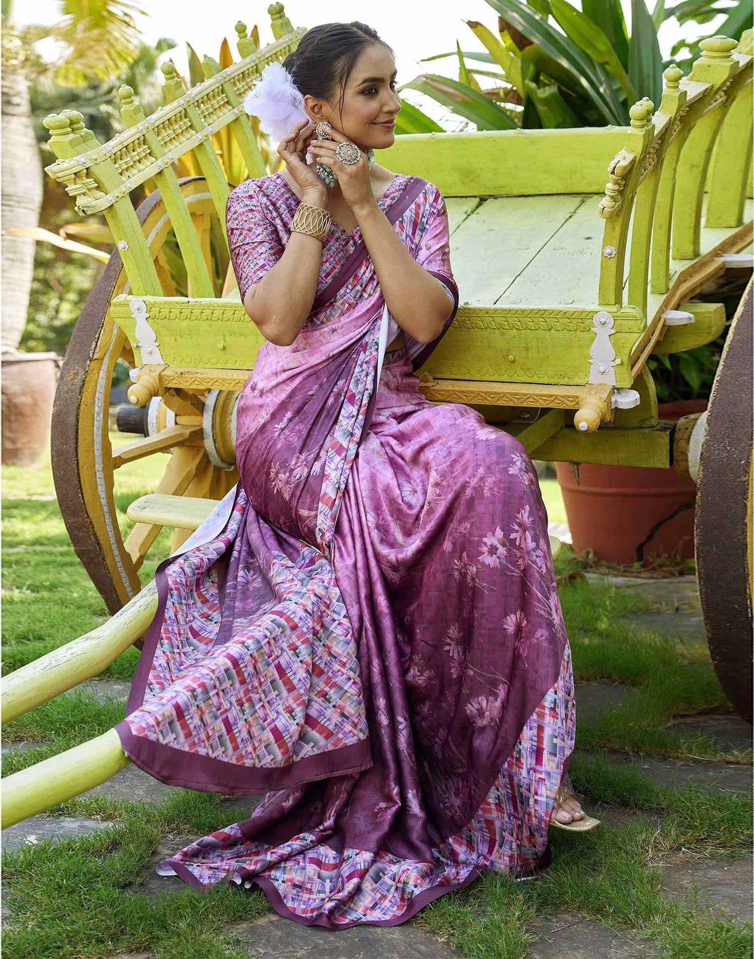 Pink Satin Floral Printed Saree