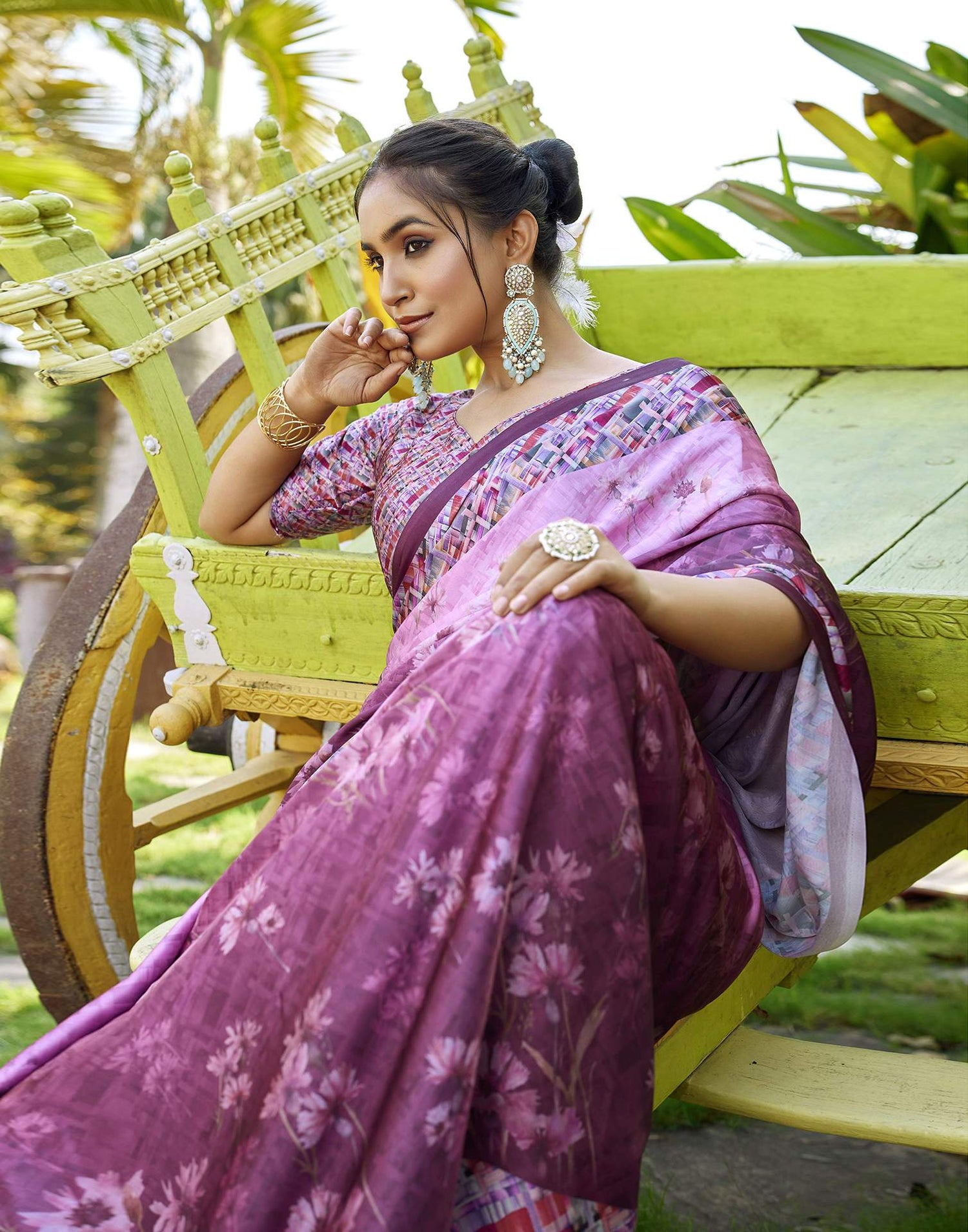 Pink Satin Floral Printed Saree