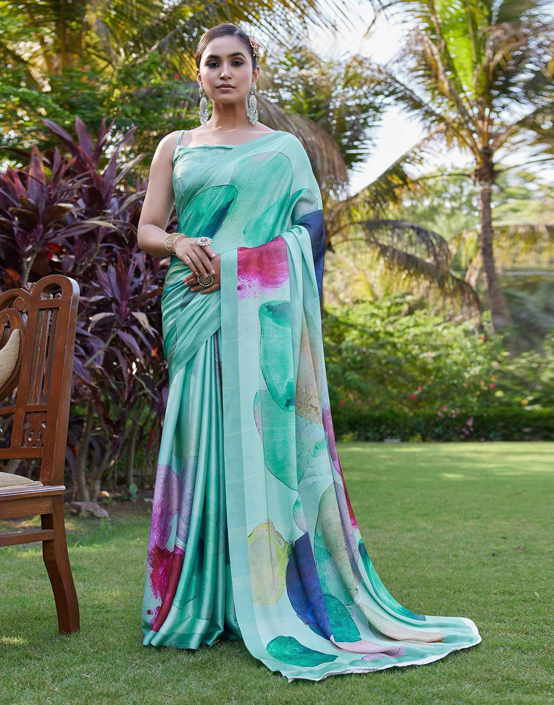 Sea Green Satin Printed Saree