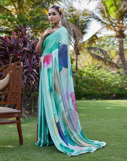 Sea Green Satin Printed Saree