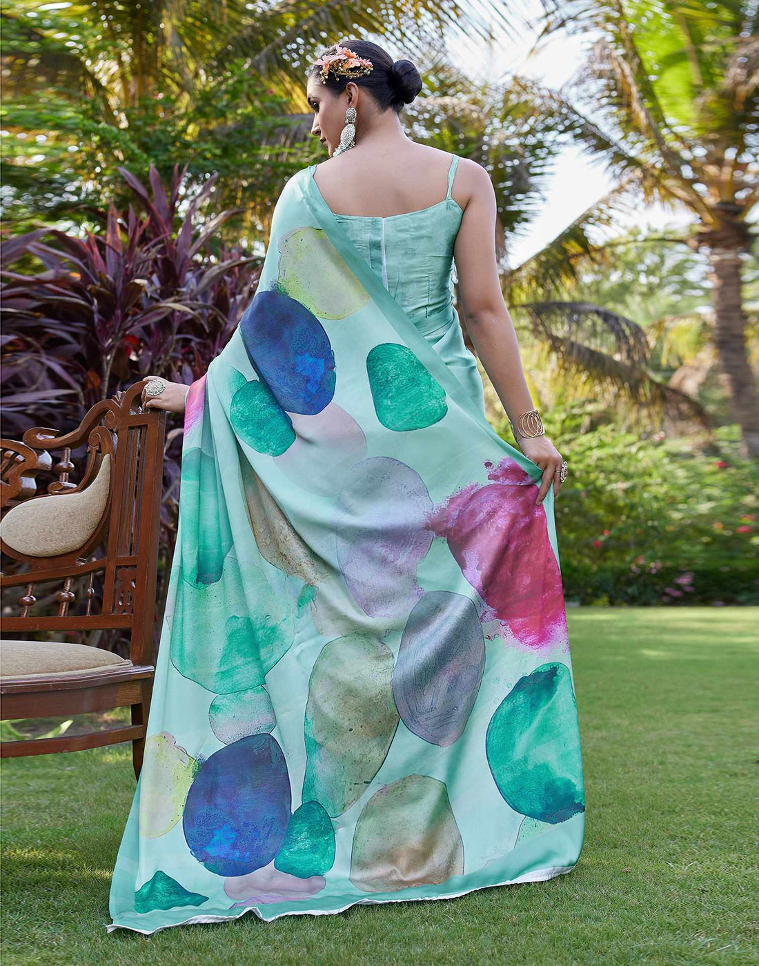 Sea Green Satin Printed Saree