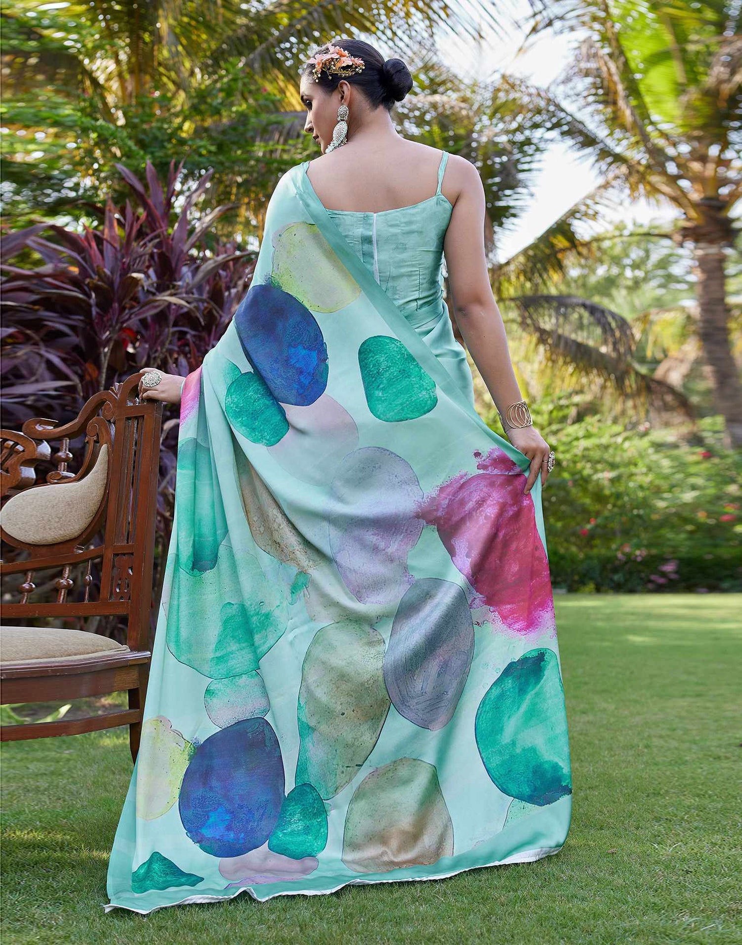 Sea Green Satin Printed Saree
