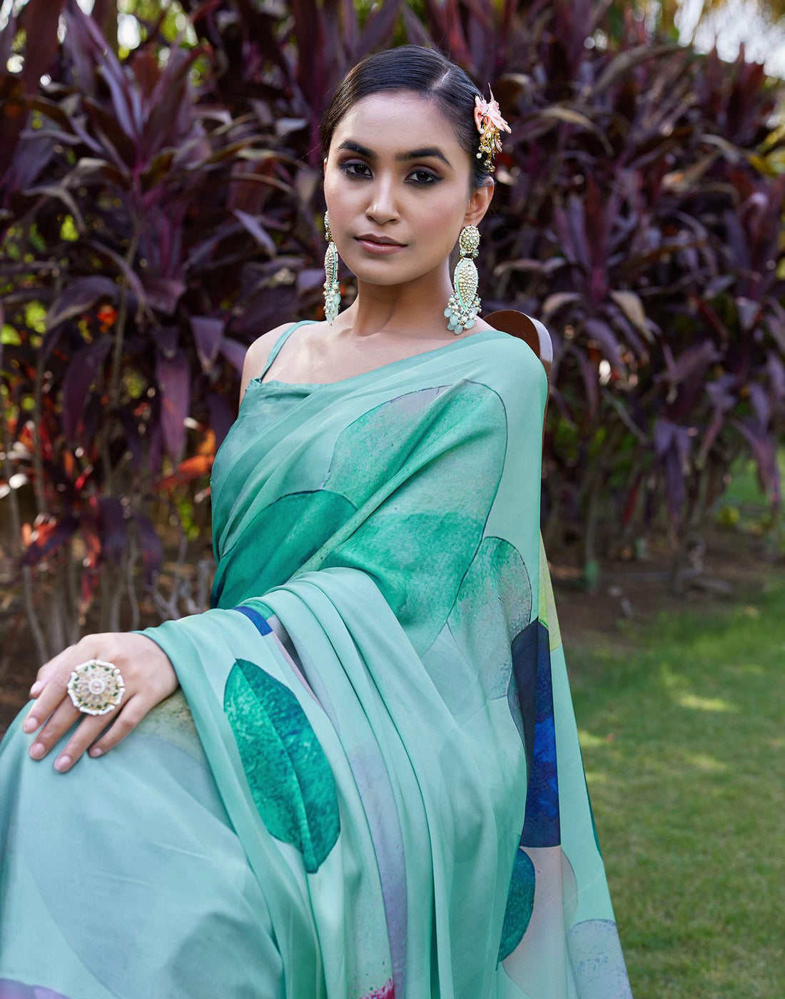 Sea Green Satin Printed Saree