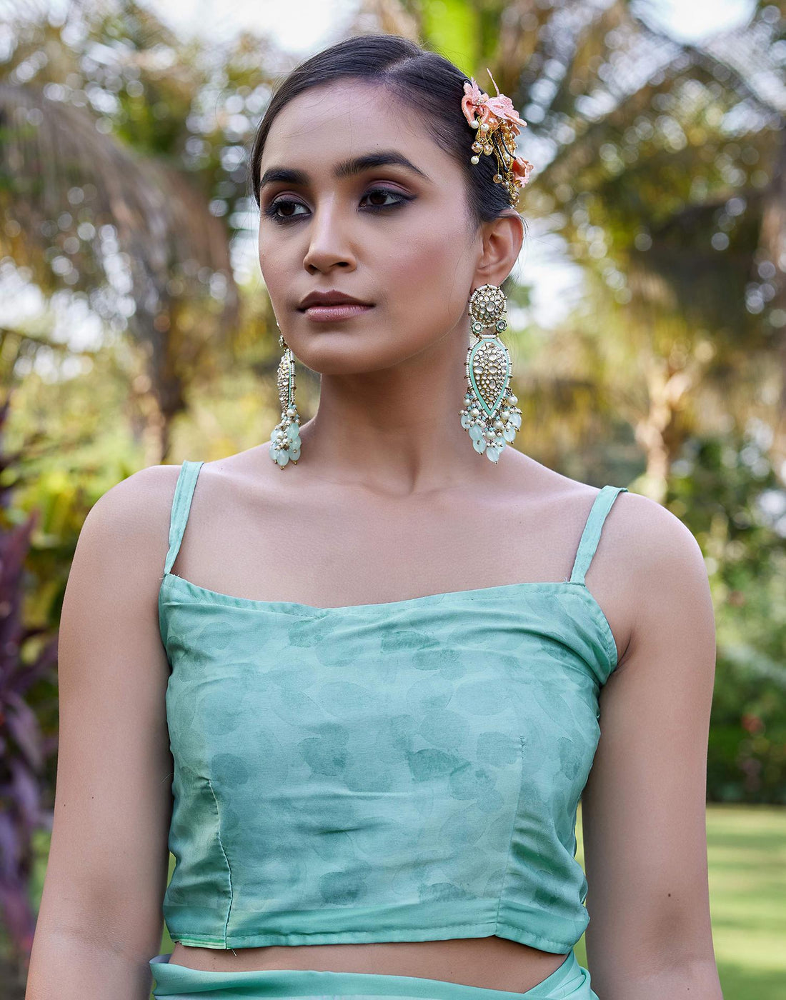 Sea Green Satin Printed Saree