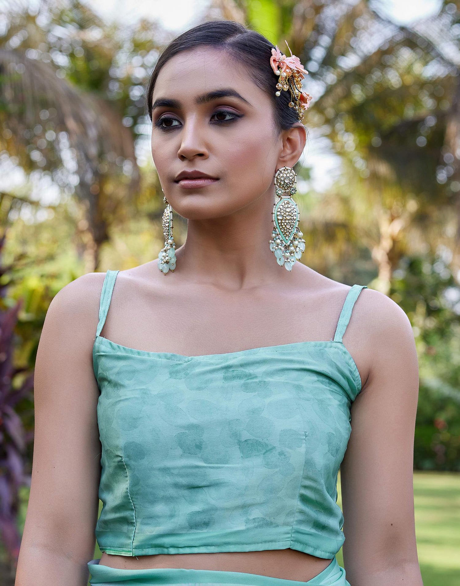 Sea Green Satin Printed Saree