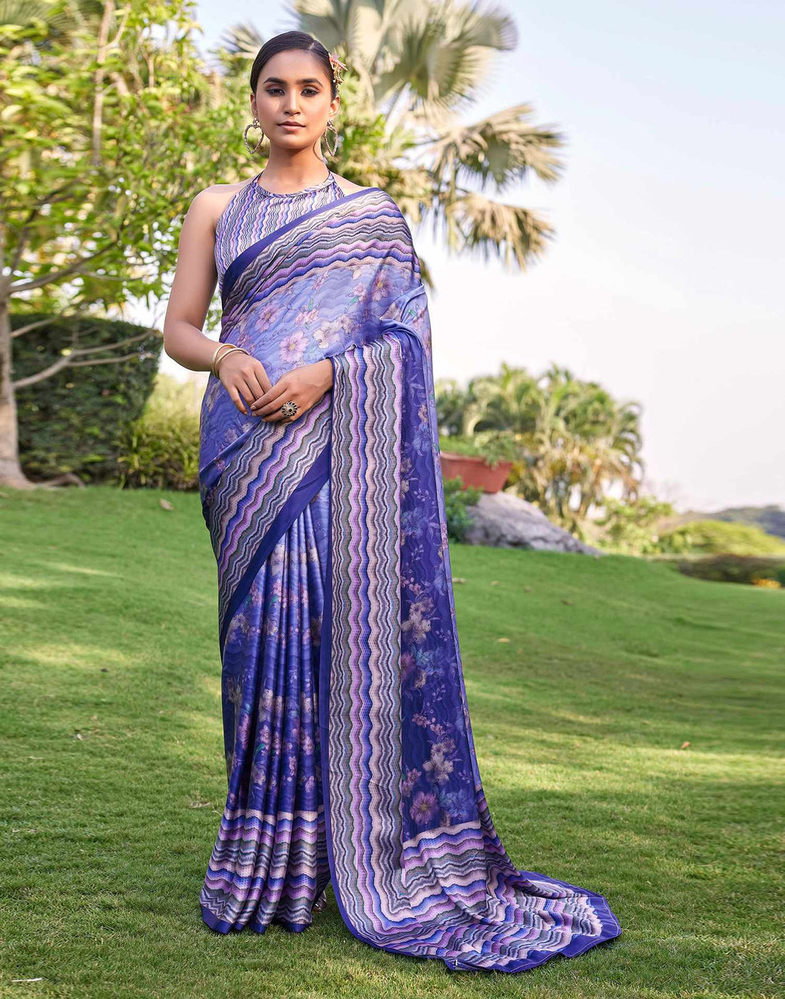 Blue Satin Floral Printed Saree