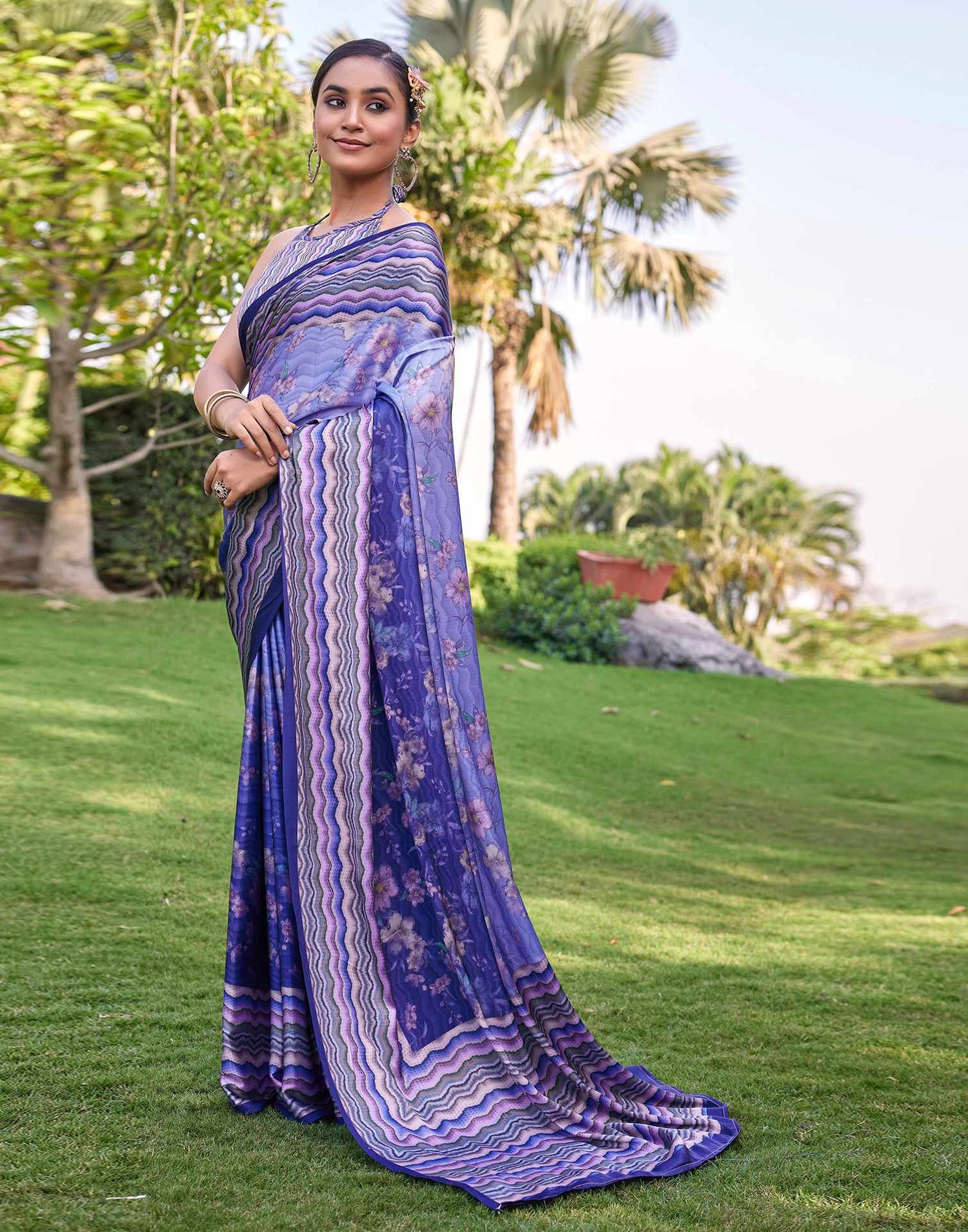 Blue Satin Floral Printed Saree