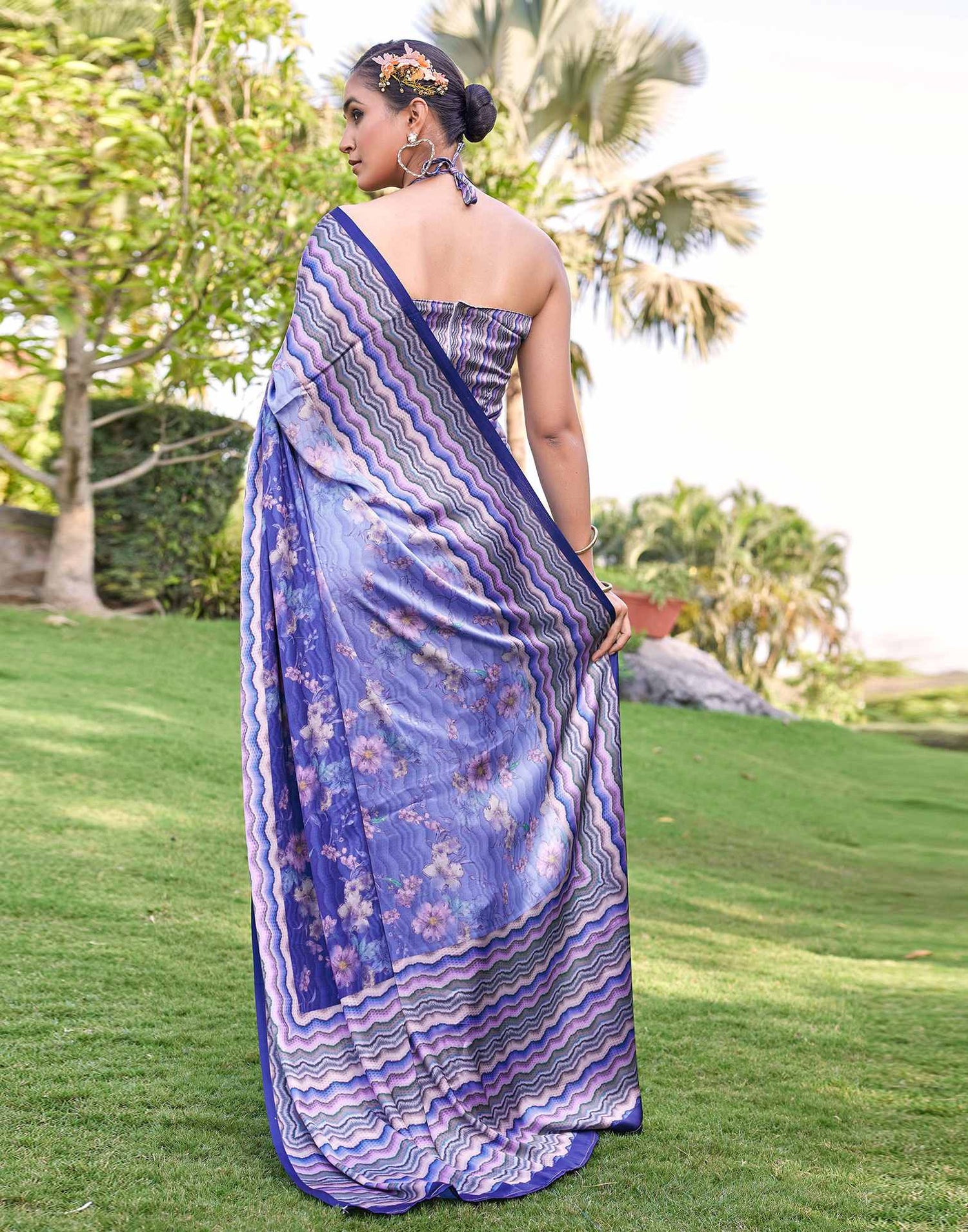 Blue Satin Floral Printed Saree