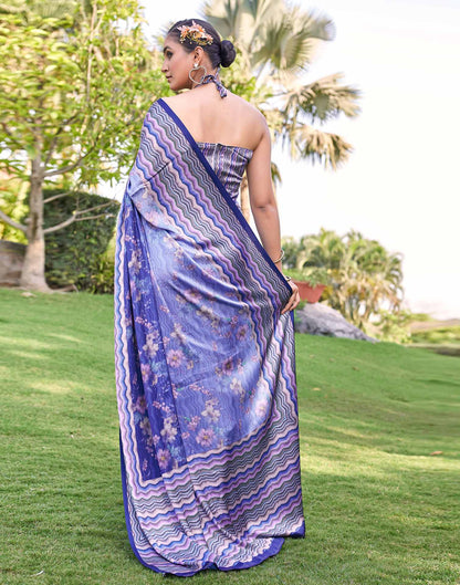 Blue Satin Floral Printed Saree