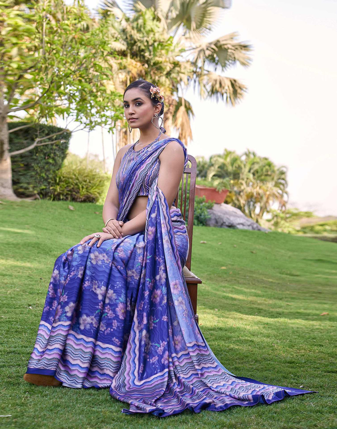 Blue Satin Floral Printed Saree