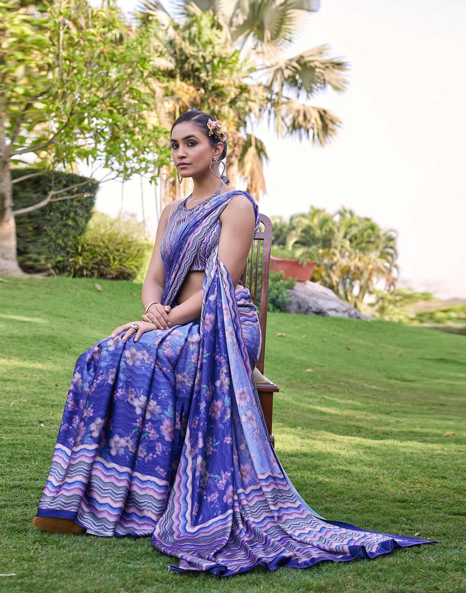 Blue Satin Floral Printed Saree