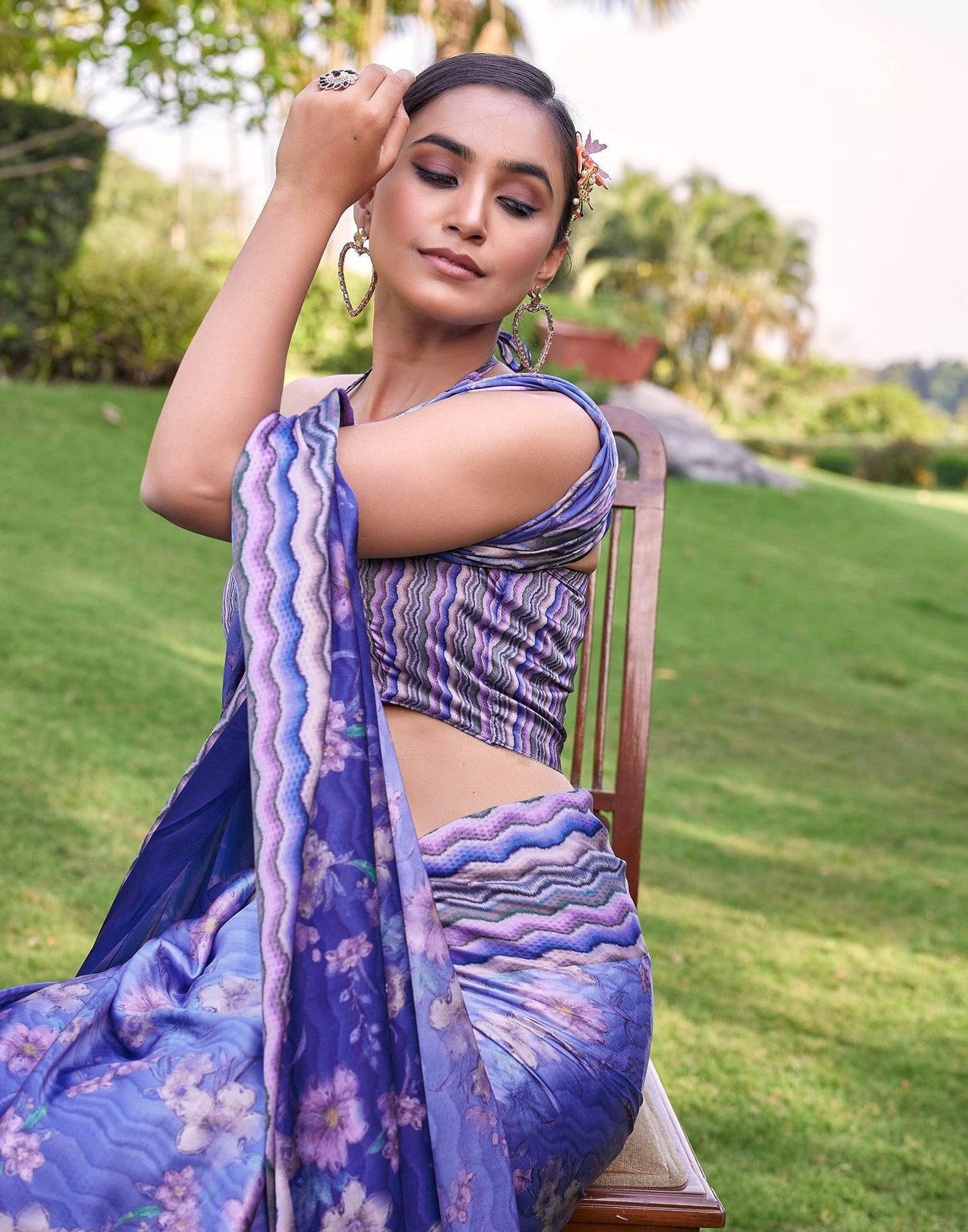 Blue Satin Floral Printed Saree