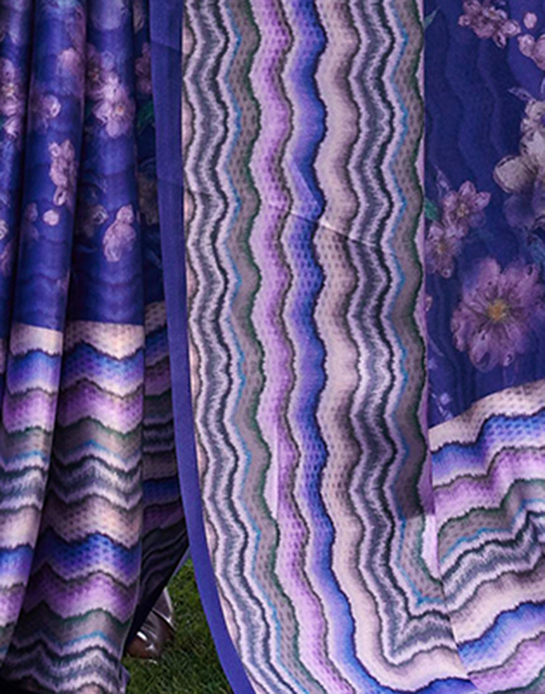 Blue Satin Floral Printed Saree