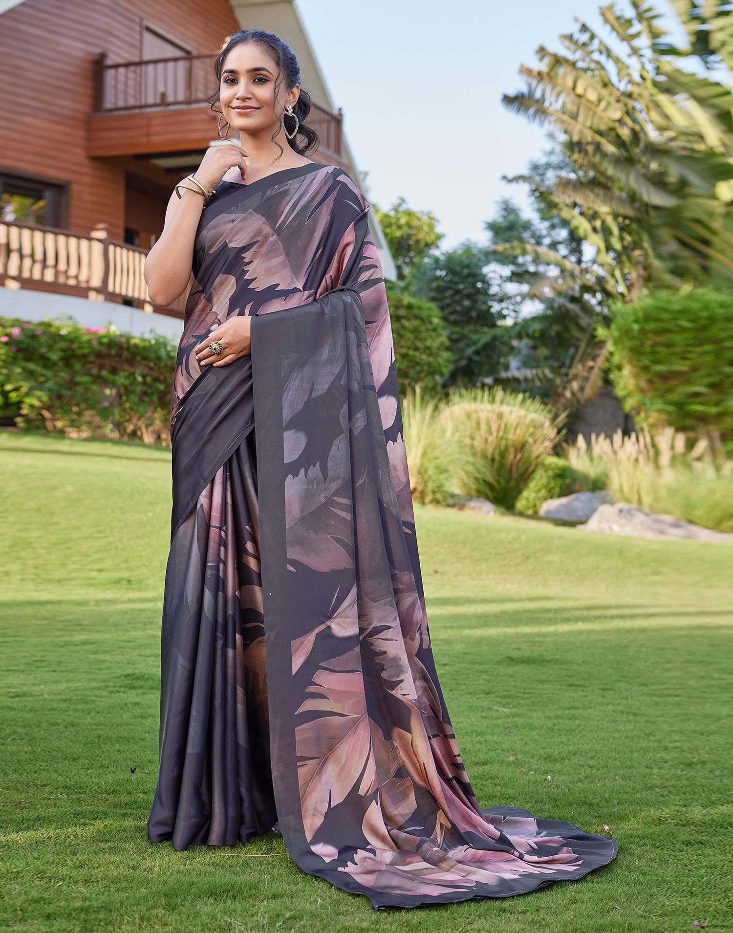 Black Satin Printed Saree