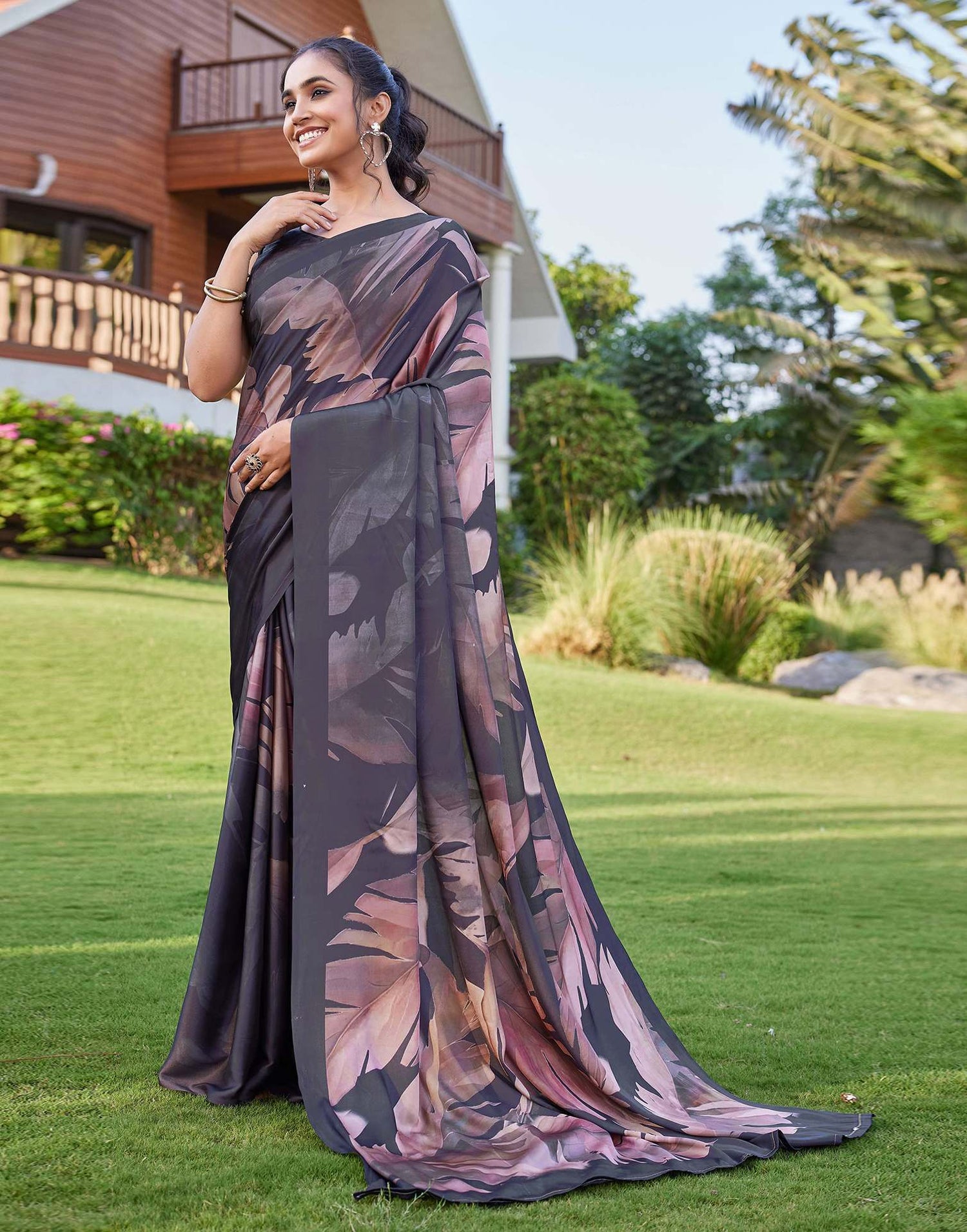 Black Satin Printed Saree
