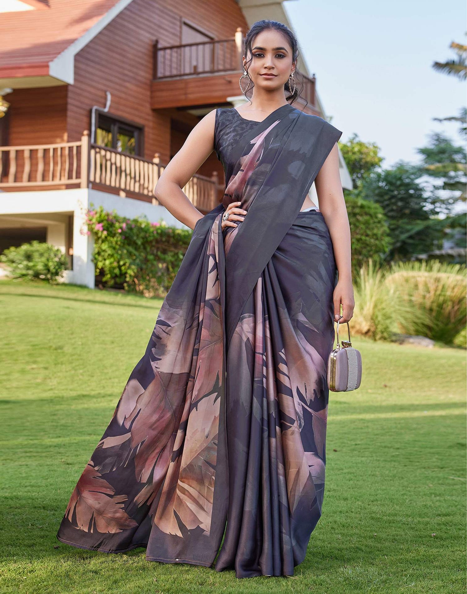 Black Satin Printed Saree