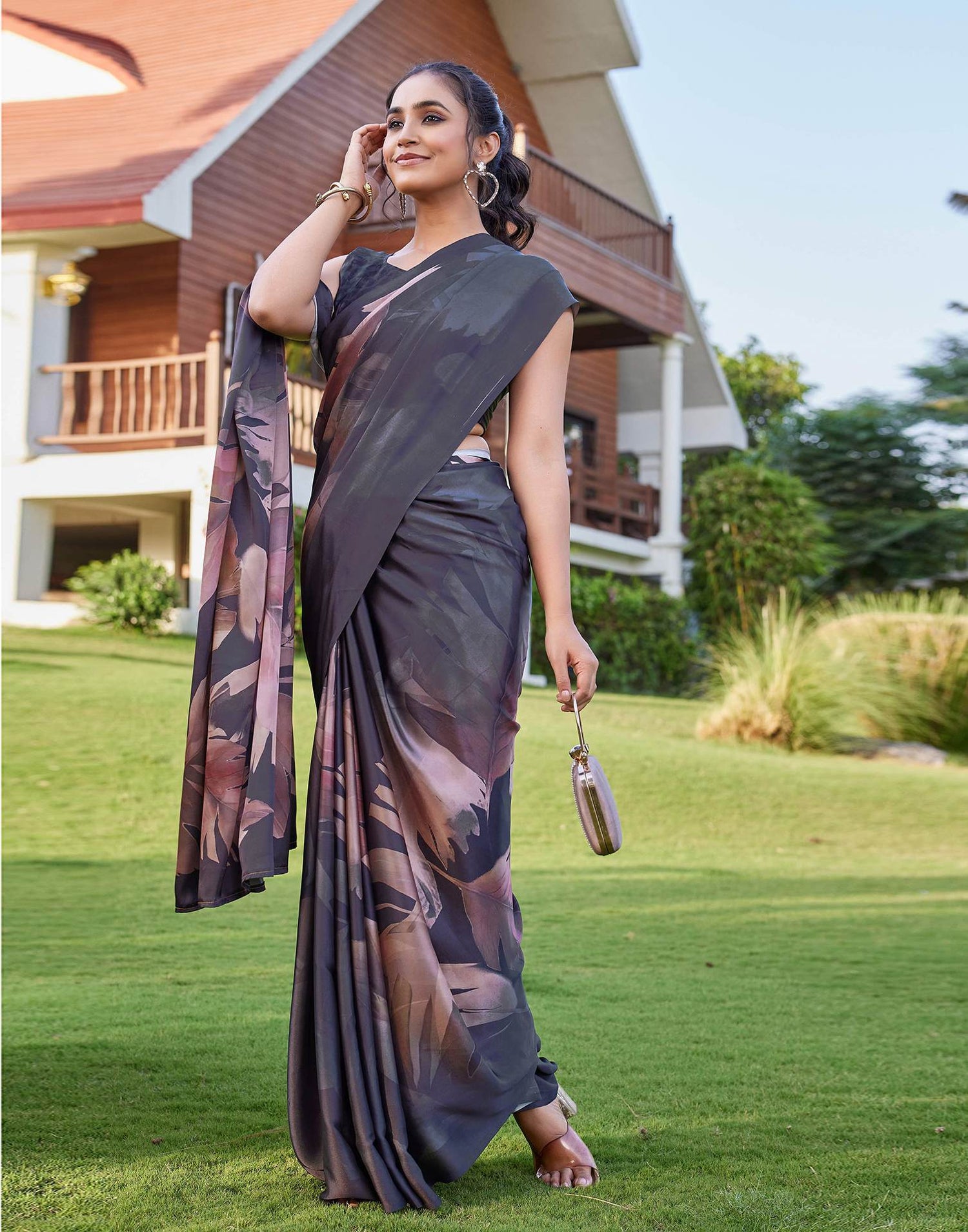 Black Satin Printed Saree