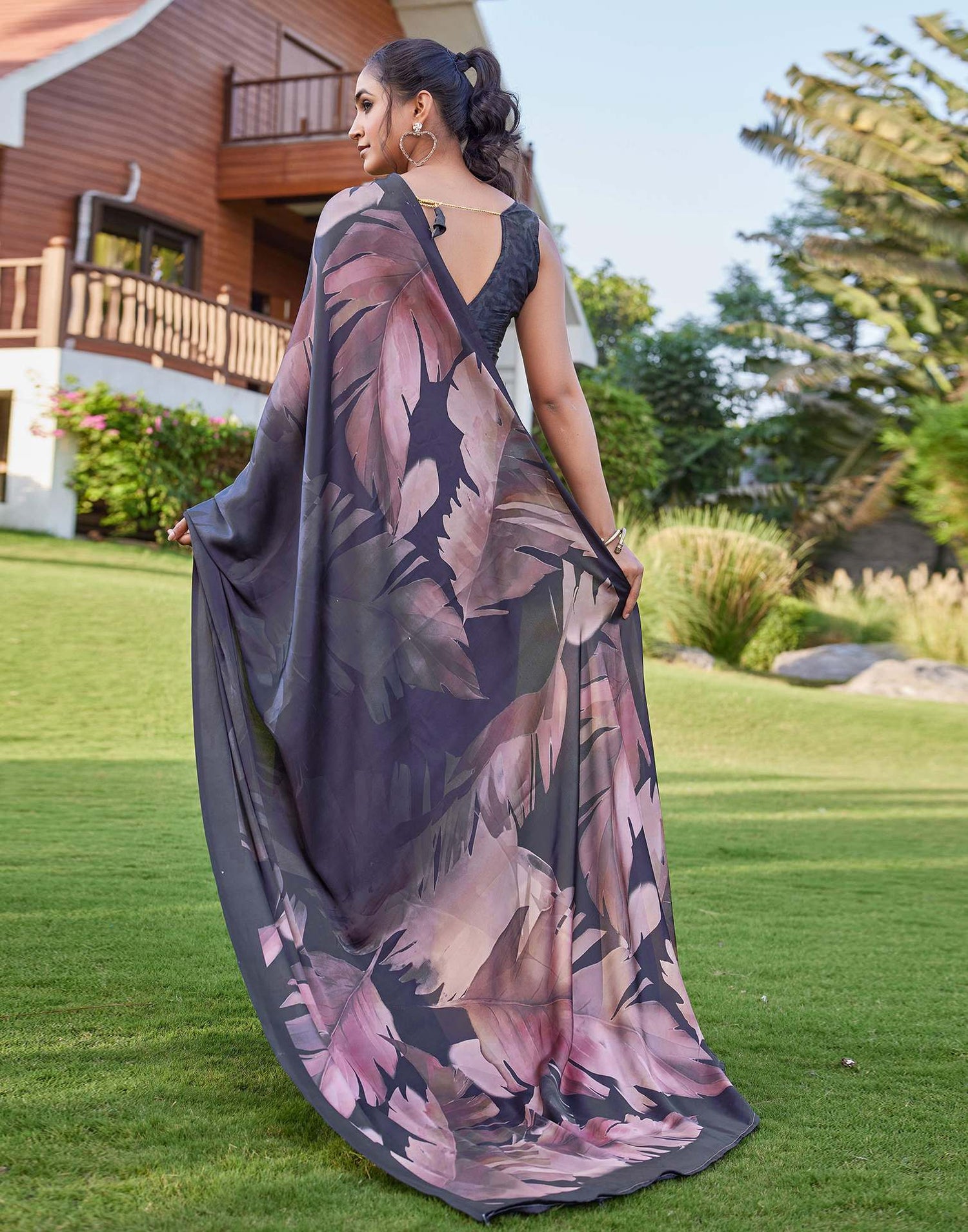 Black Satin Printed Saree