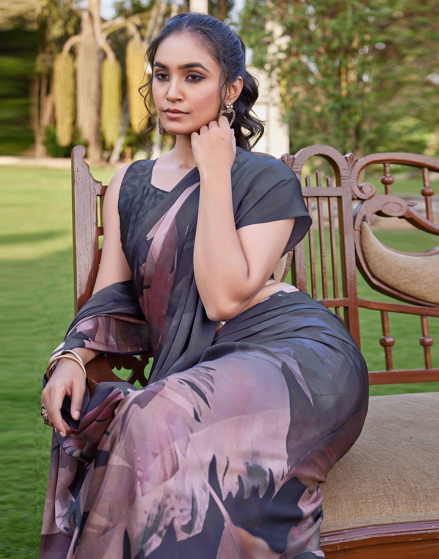 Black Satin Printed Saree