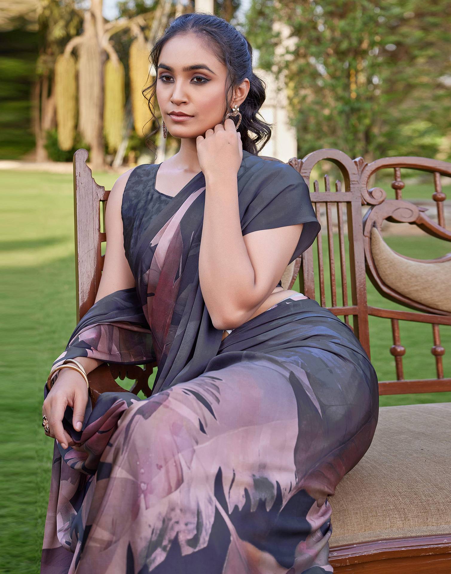 Black Satin Printed Saree