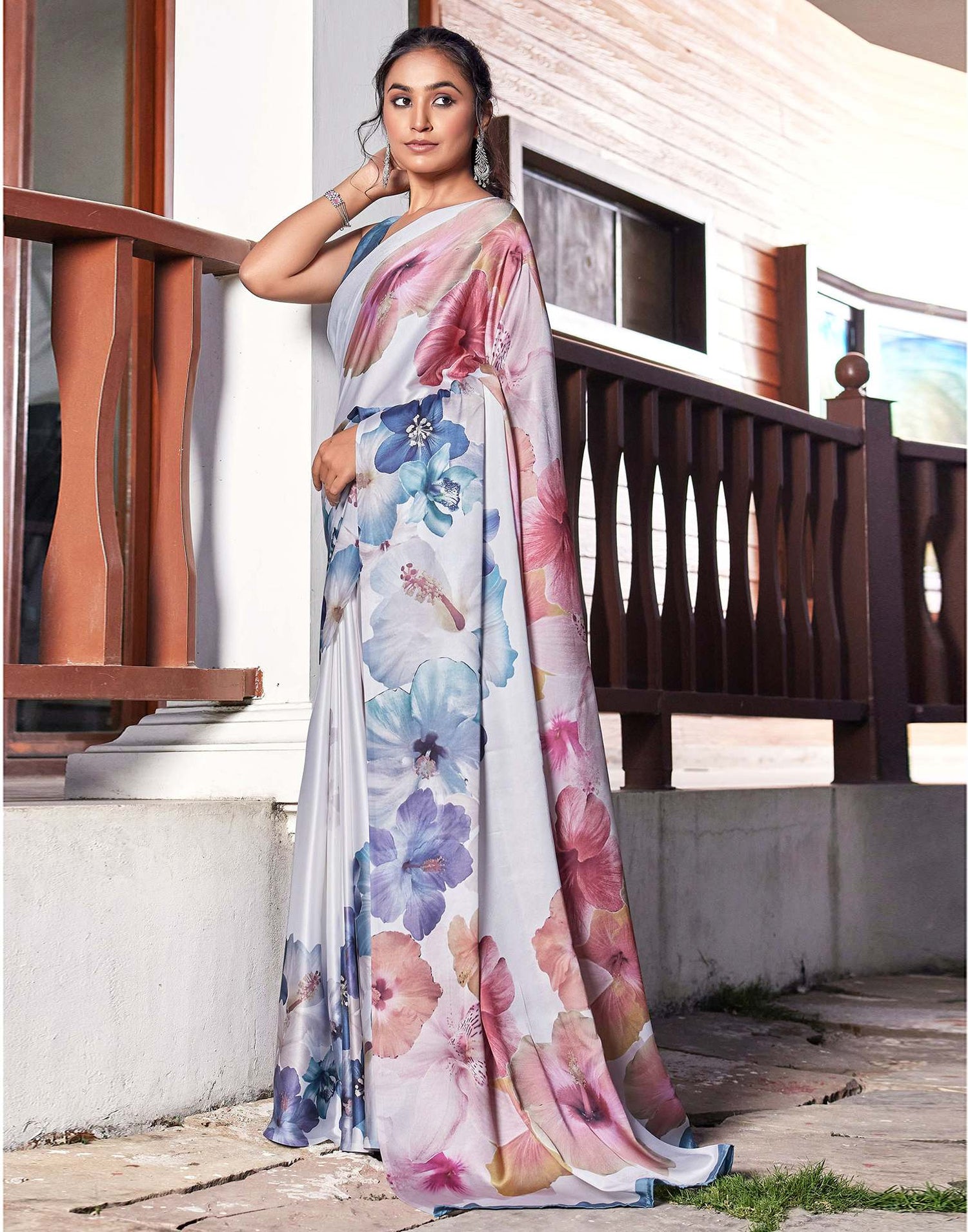 White Satin Floral Printed Saree