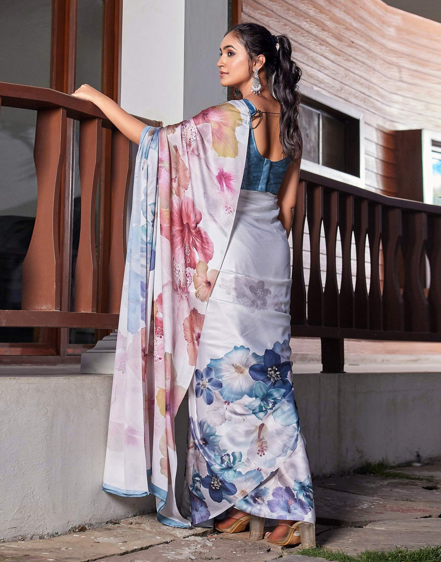 White Satin Floral Printed Saree