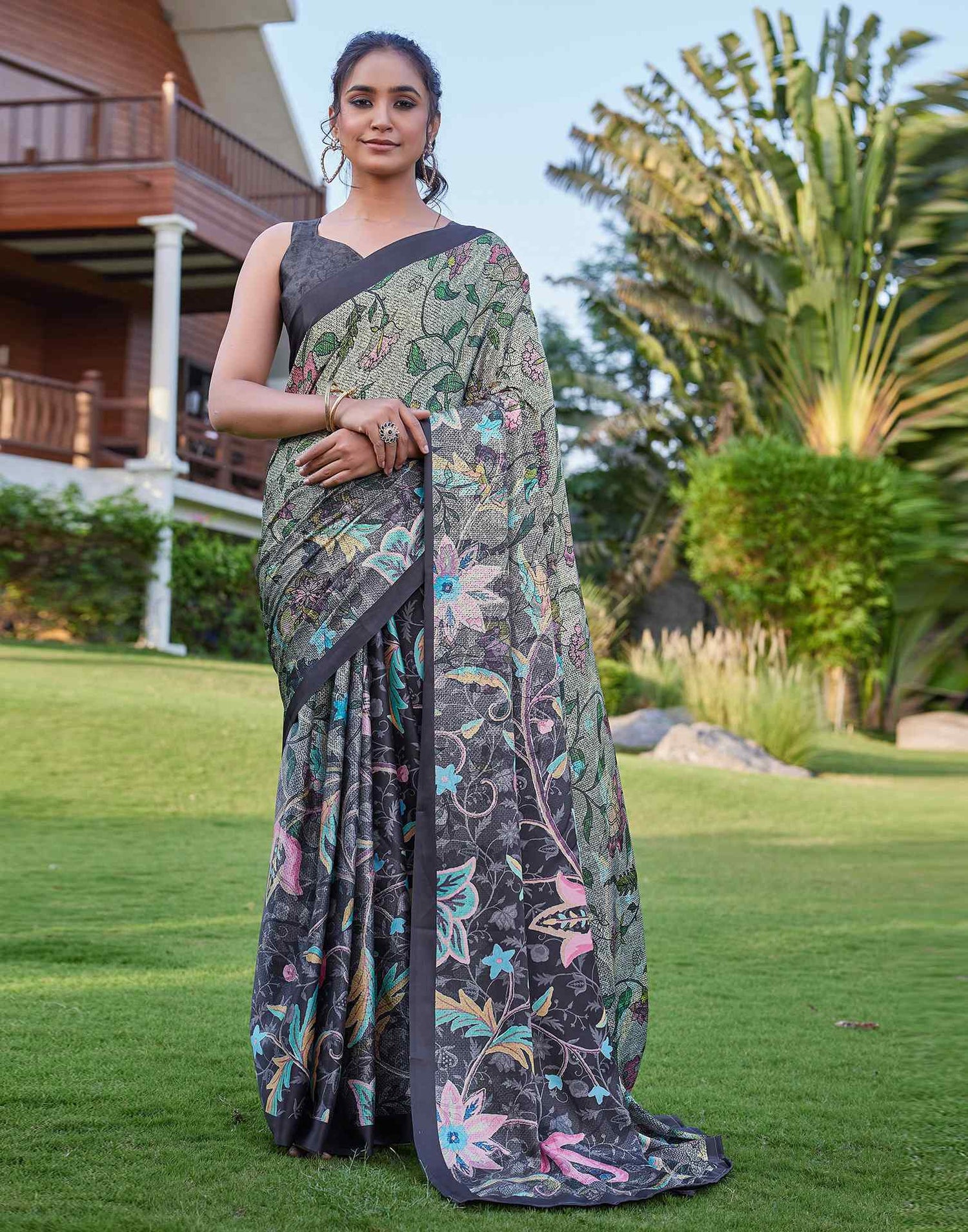 Black Satin Floral Printed Saree