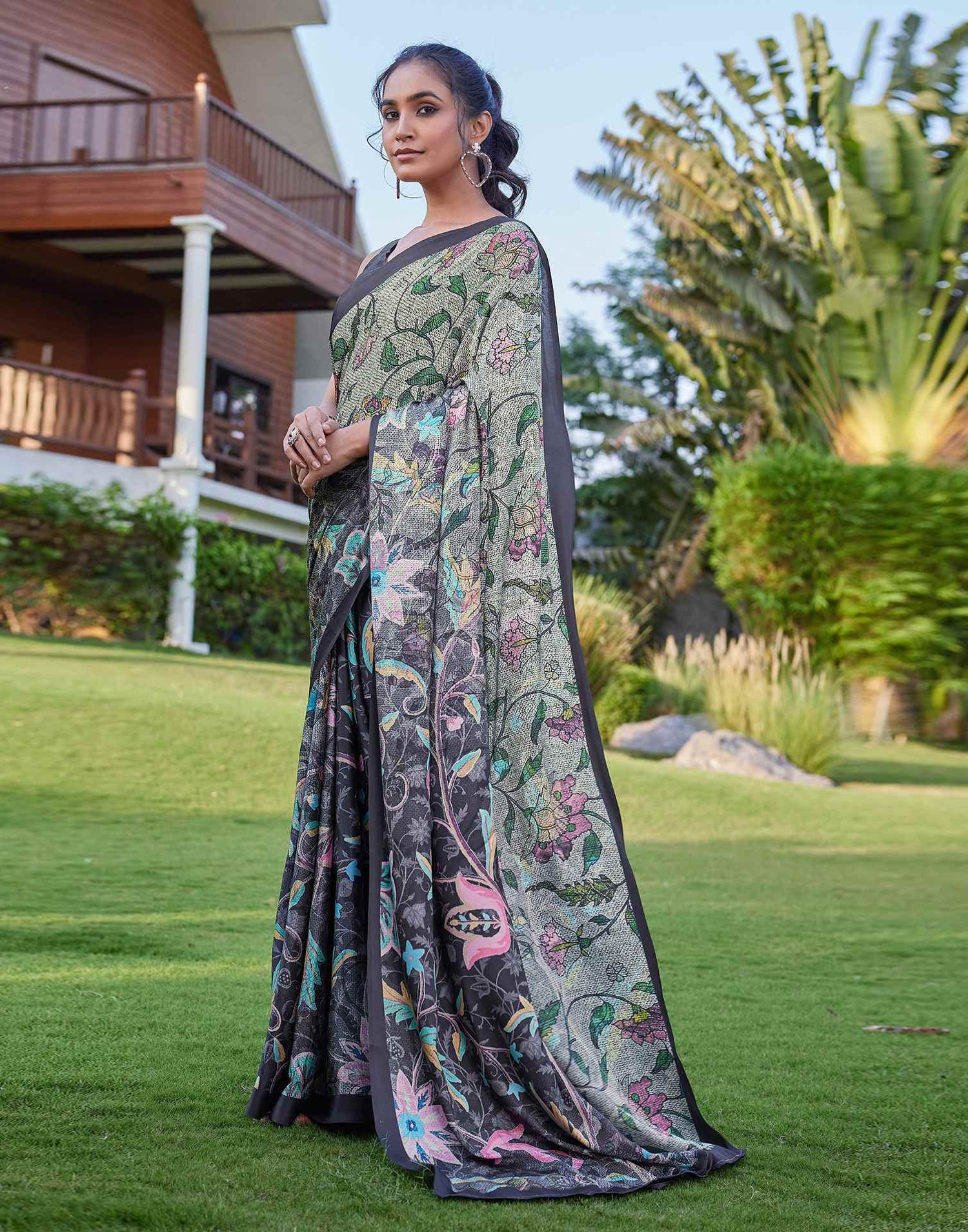 Black Satin Floral Printed Saree