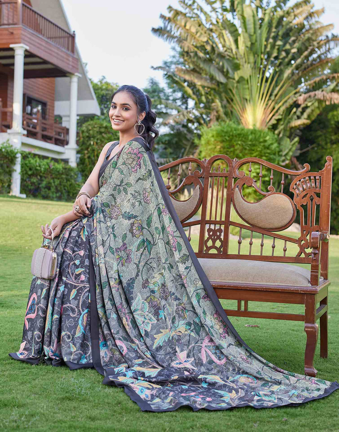 Black Satin Floral Printed Saree