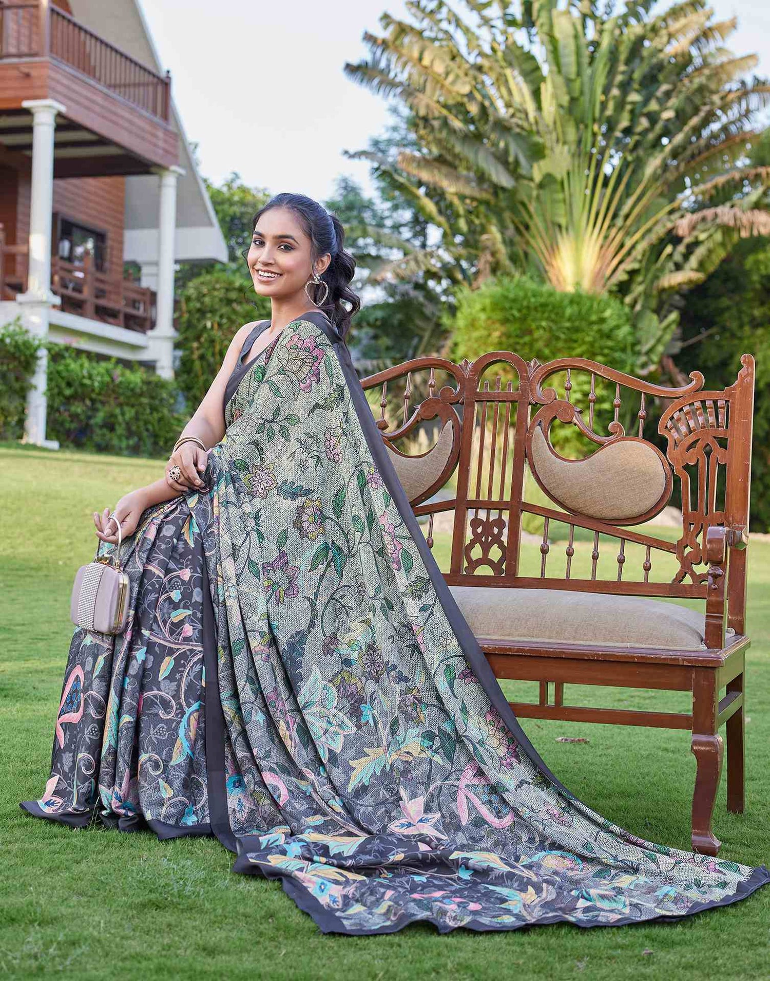 Black Satin Floral Printed Saree