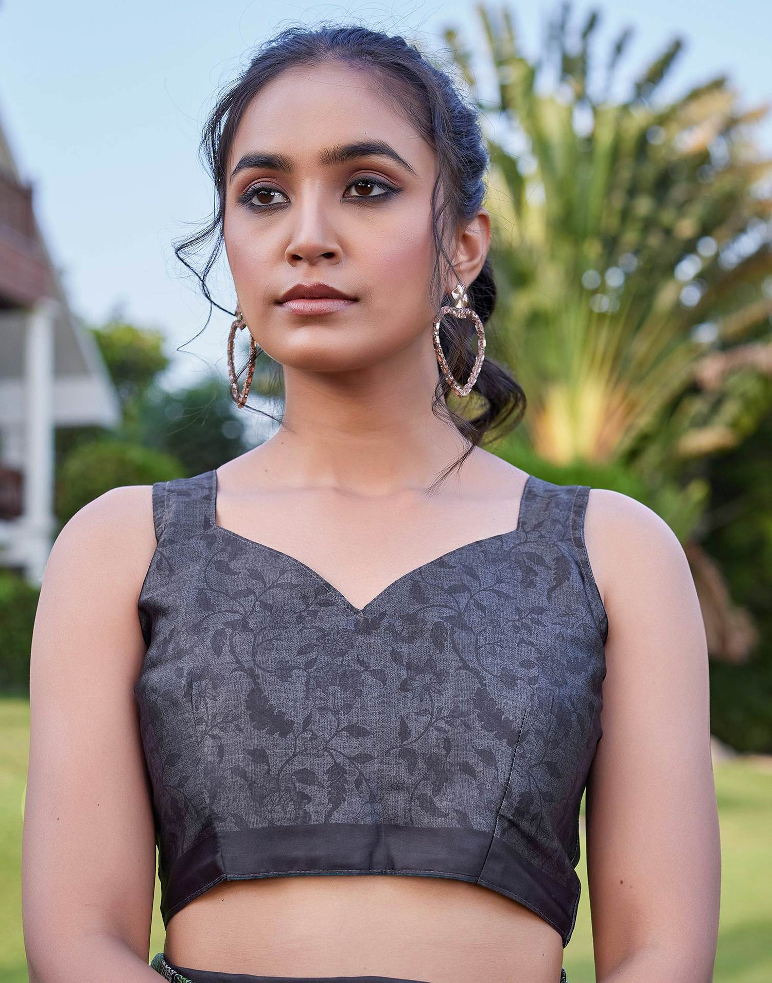 Black Satin Floral Printed Saree