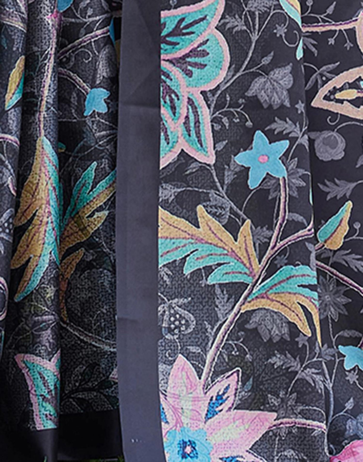 Black Satin Floral Printed Saree