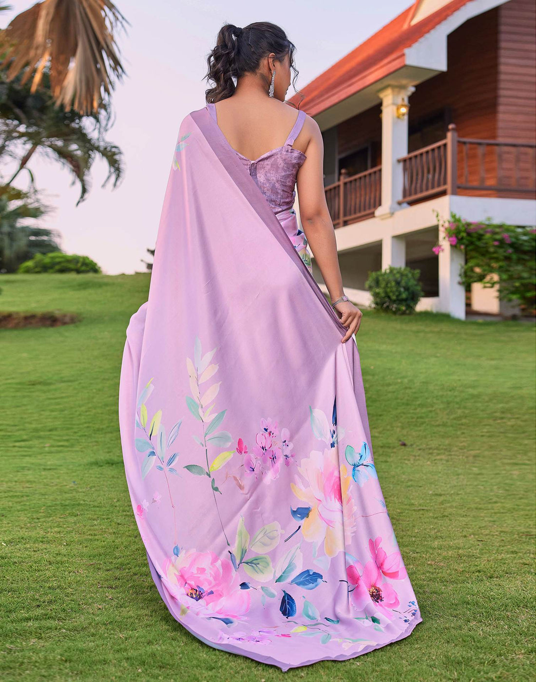 Pink Satin Floral Printed Saree