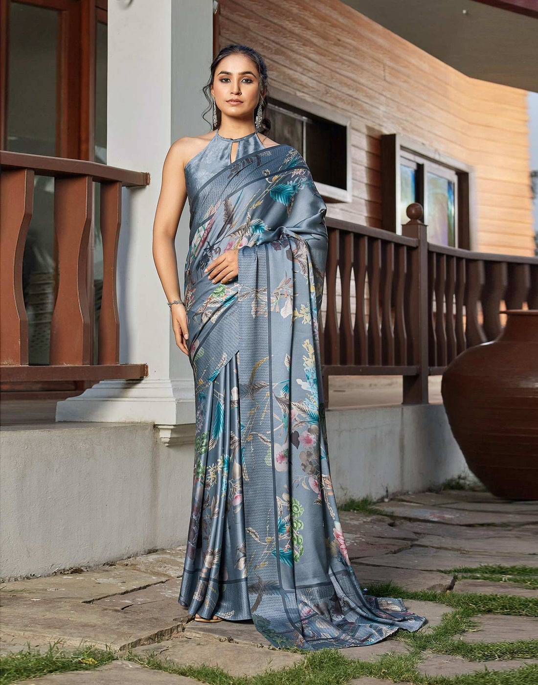 Grey Satin Floral Printed Saree