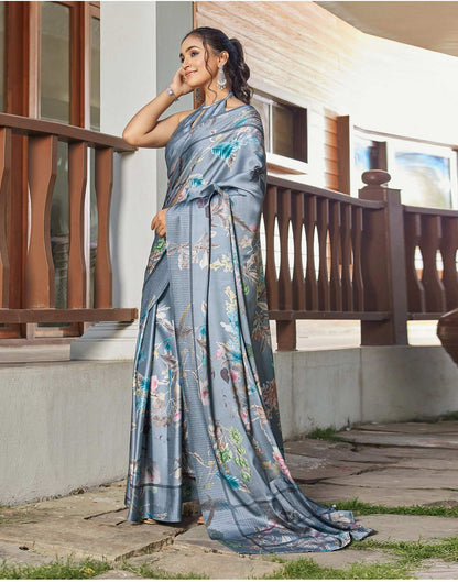 Grey Satin Floral Printed Saree