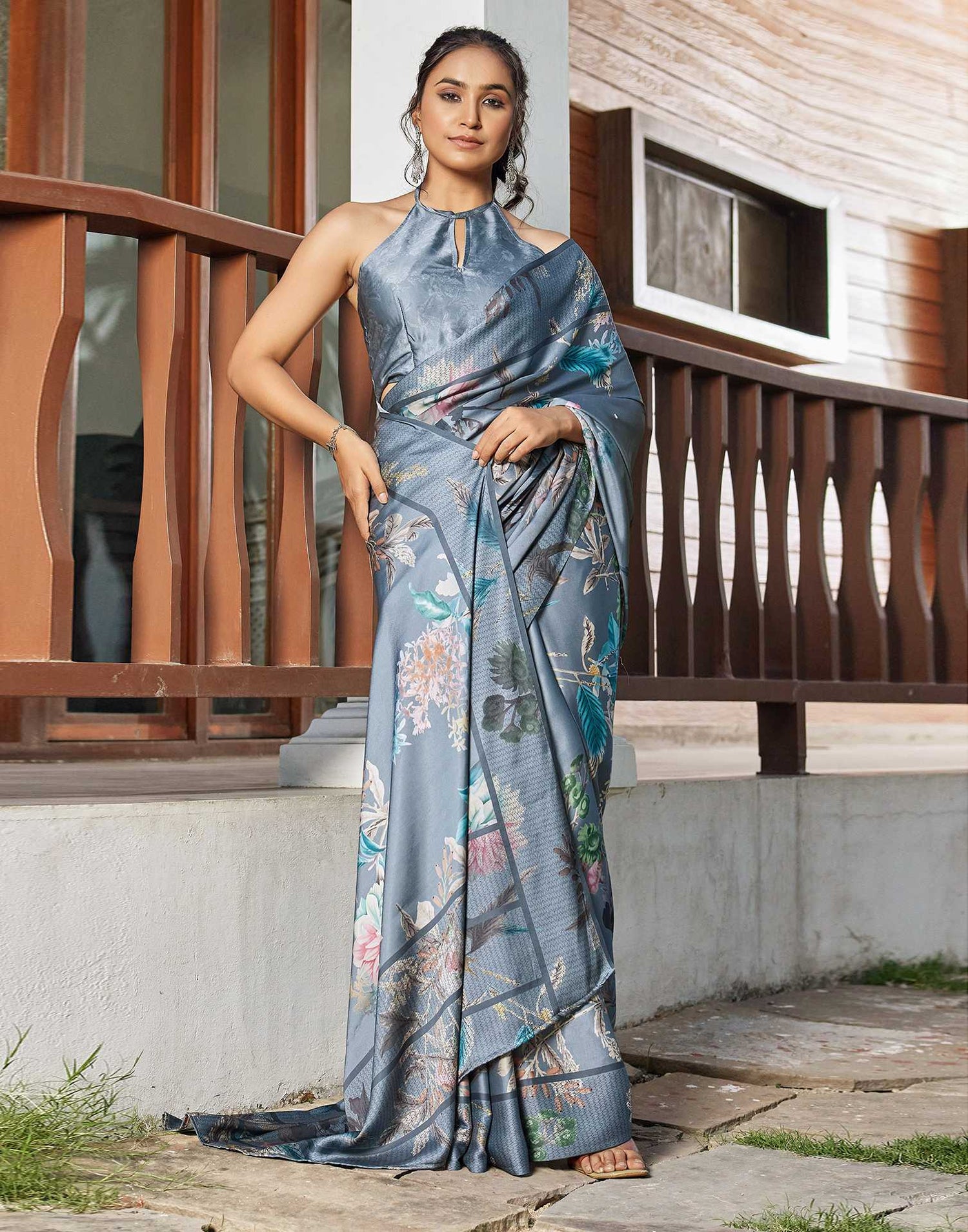 Grey Satin Floral Printed Saree