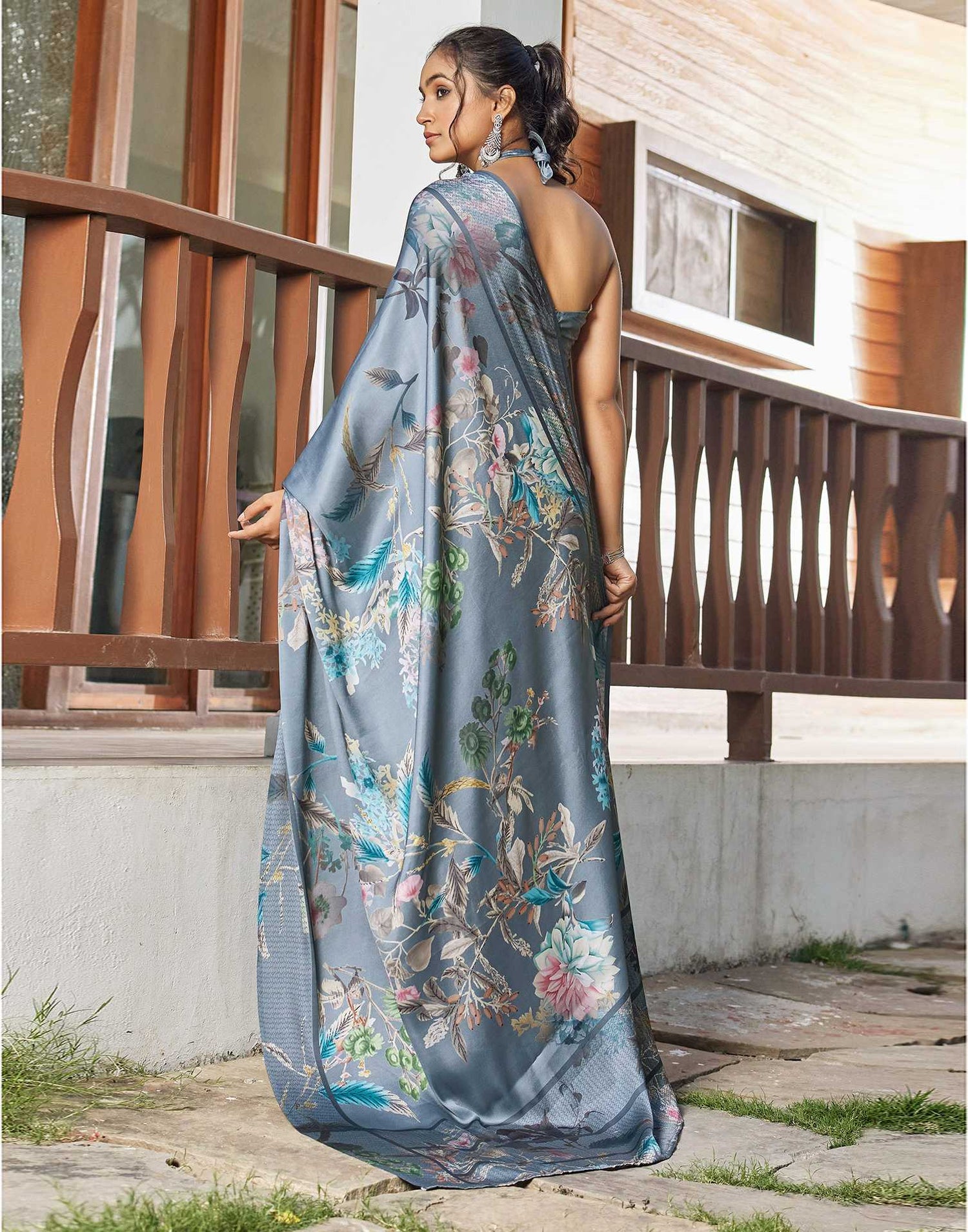 Grey Satin Floral Printed Saree
