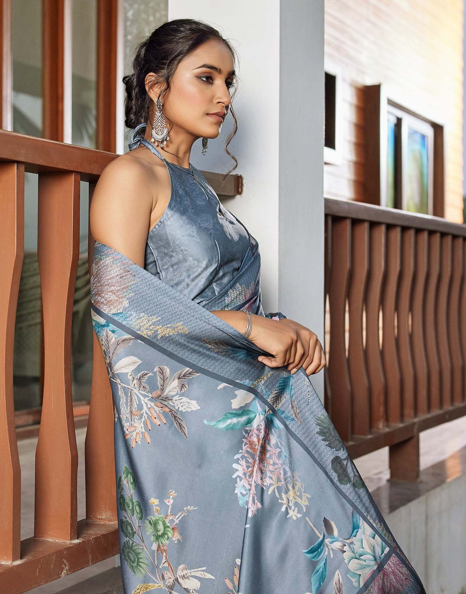 Grey Satin Floral Printed Saree