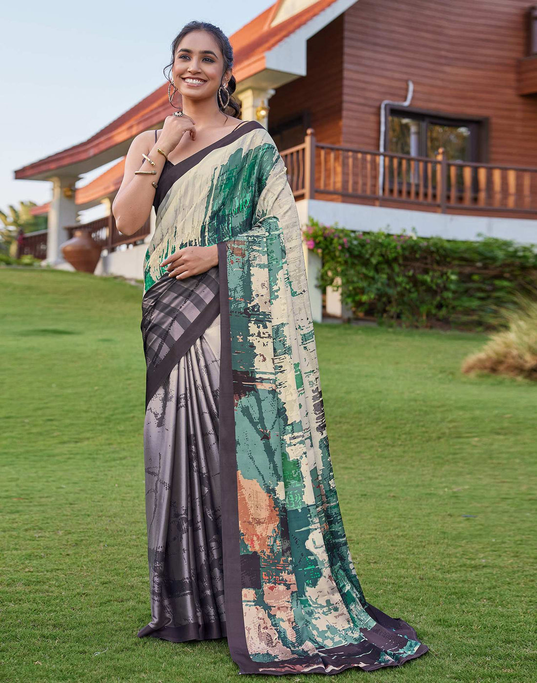 Cream Satin Printed Saree