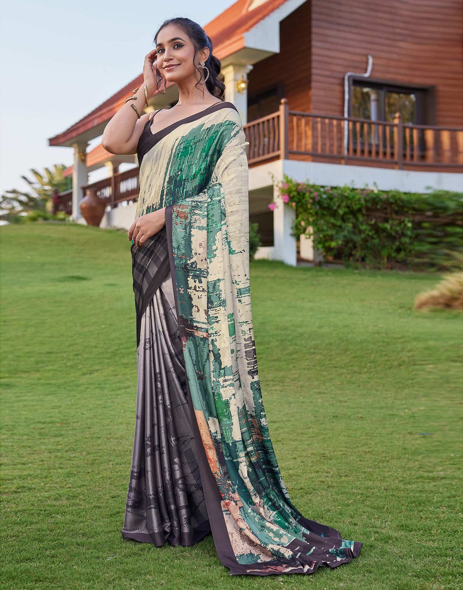 Cream Satin Printed Saree
