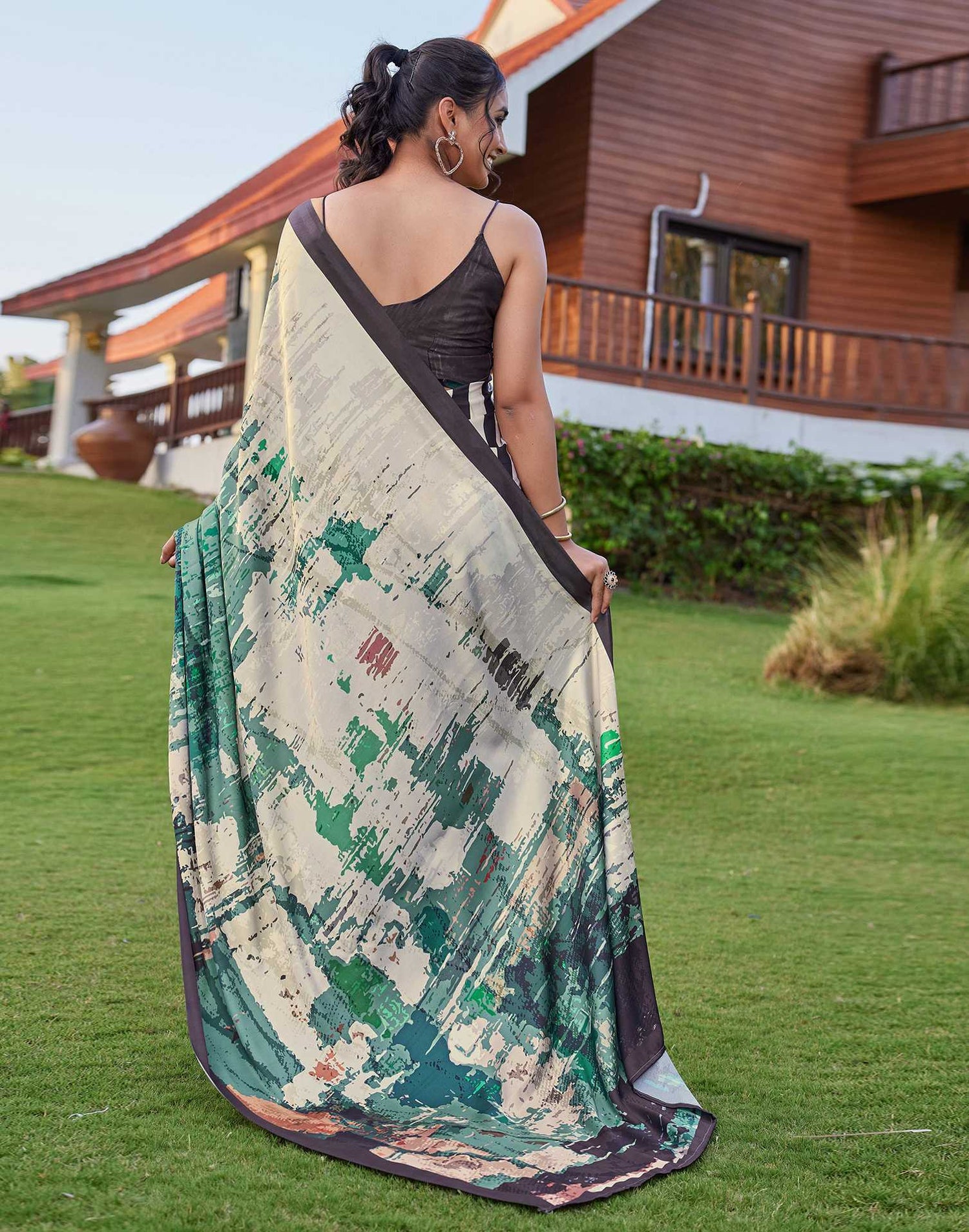 Cream Satin Printed Saree