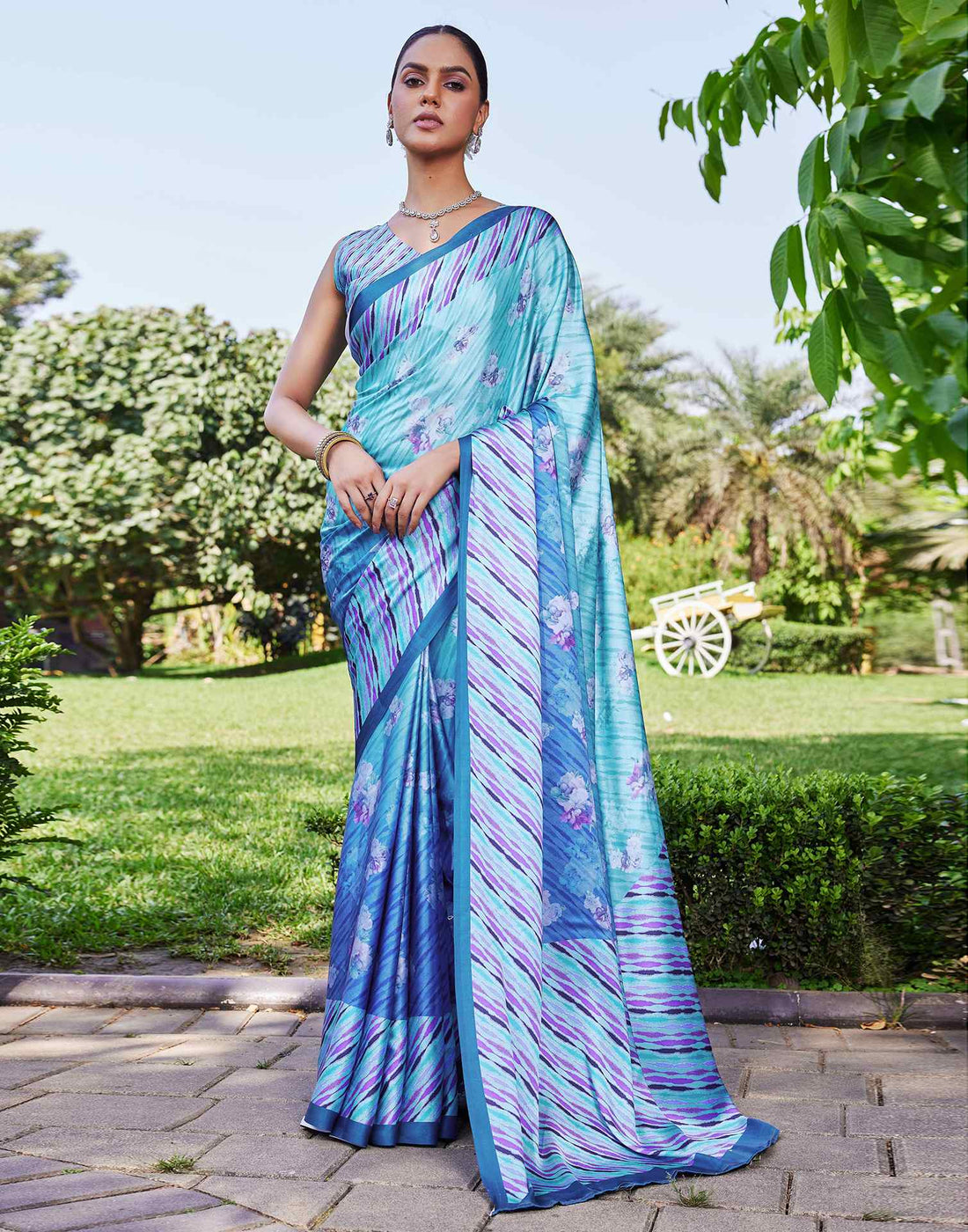Blue Satin Floral Printed Saree