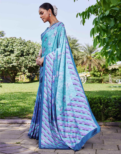 Blue Satin Floral Printed Saree