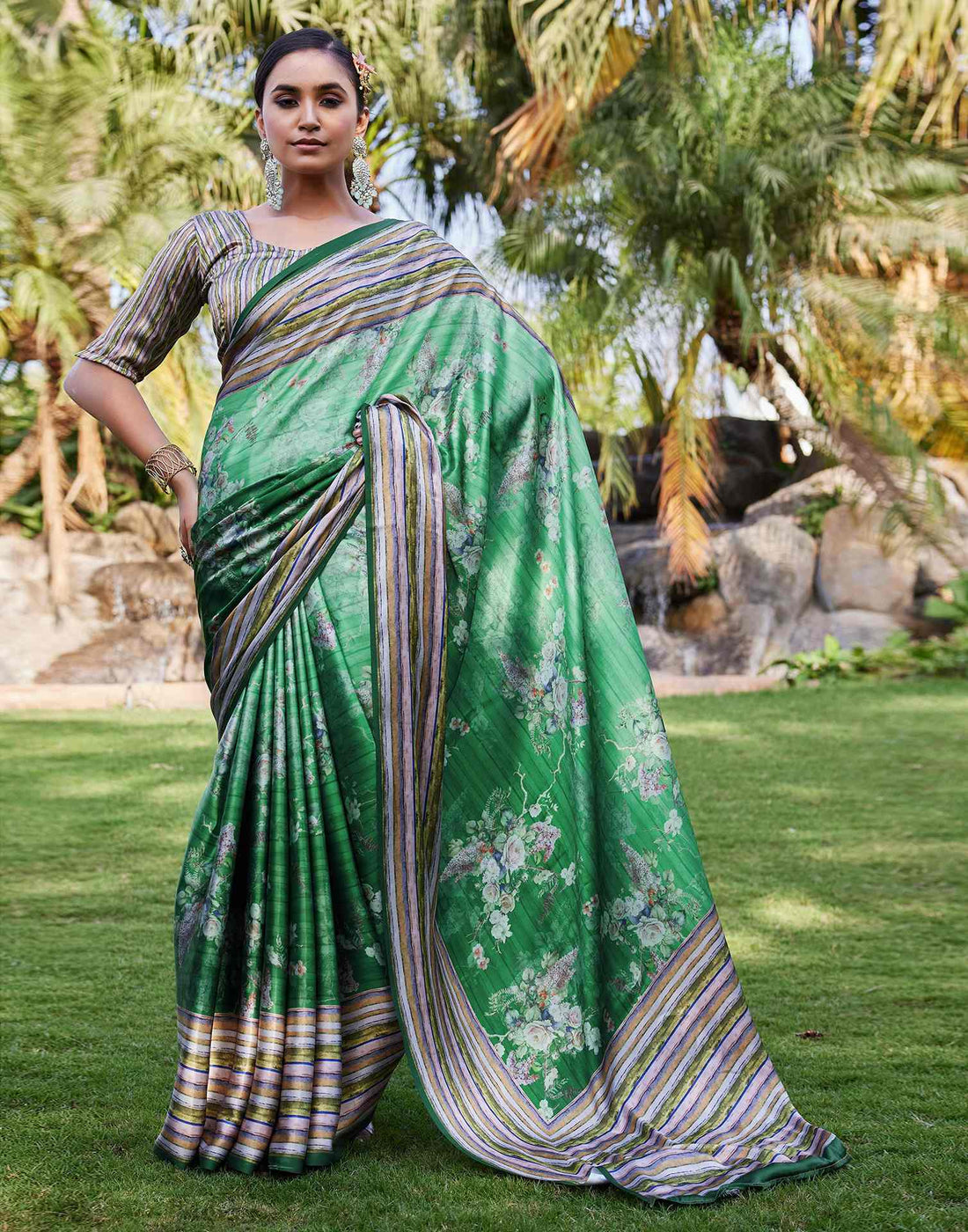 Green Satin Floral Printed Saree