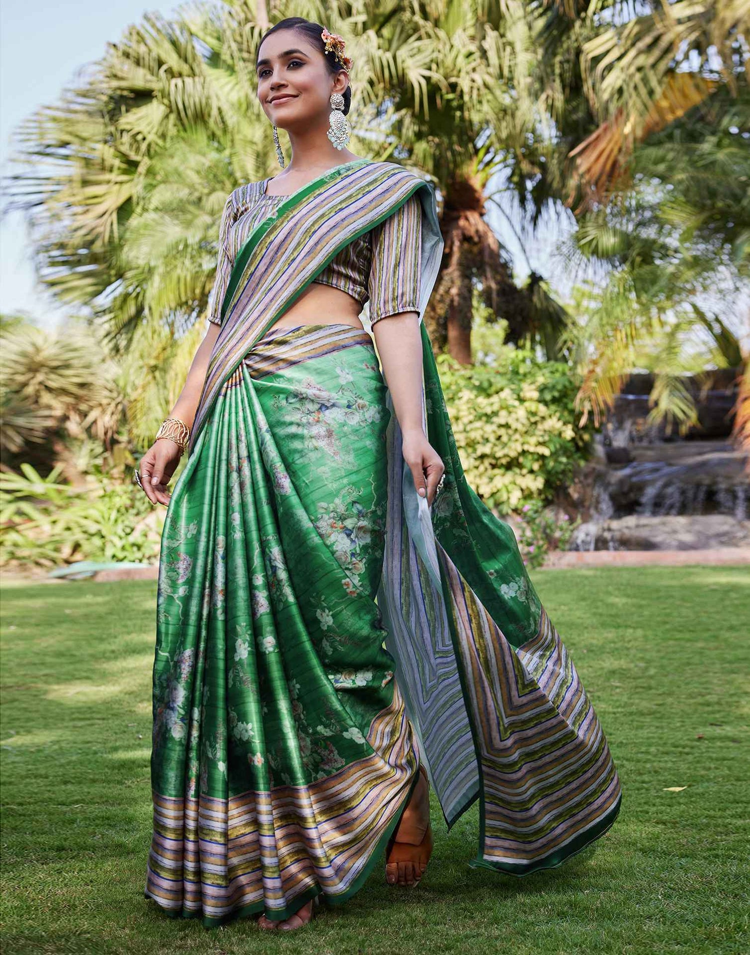 Green Satin Floral Printed Saree